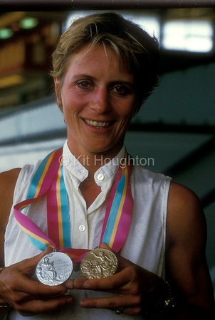 Virginia Holgate holding individual bronze medal and team silver EV96-01-09