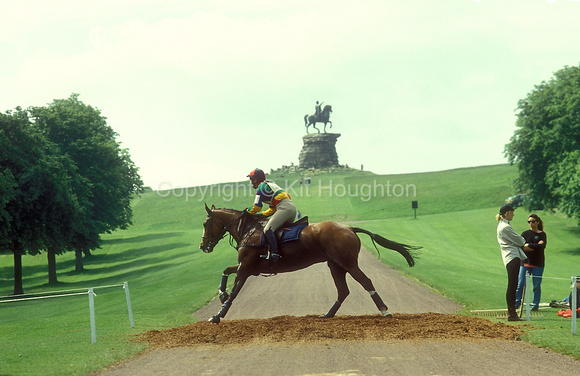 Rider cantering across the track in front of the Copper Horse statue - picturing George III on horseback EV305-04-07
