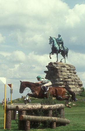 Mary Thomson (King) GBR riding King Basil in front of  Copper Horse statue - picturing George III EV305-01-08