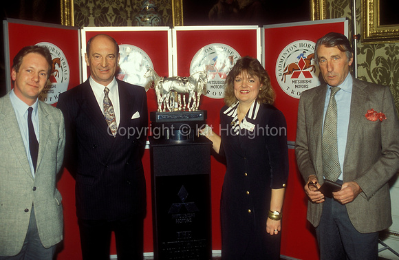 Press conference. Duke of Beaufort on right with Judy Boyt sculptor of the new Badminton trophy, Hugh Thomas on left and Duke of Beaufort on right EV276-16-08
